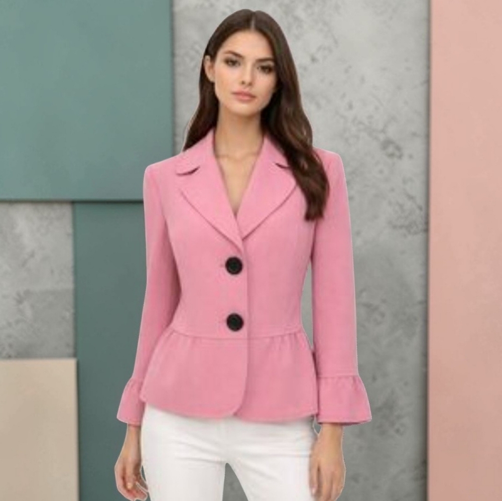 Tahari Pink Women's Lined Ruffled Blazer with Black Buttons